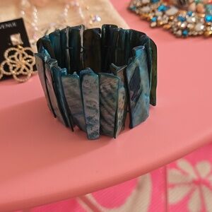 Tahari Blue and Green Abalone Shell Cuff Stretch Bracelet